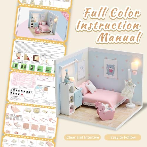 Kisoy Dollhouse Miniature with Furniture Kit, DIY 3D Wooden DIY House Kit A Corner of a Small Apartment Style with Dust Cover & LED,Handmade Tiny House Toys for Kids Adults Gift (Dream Room) - Image 5
