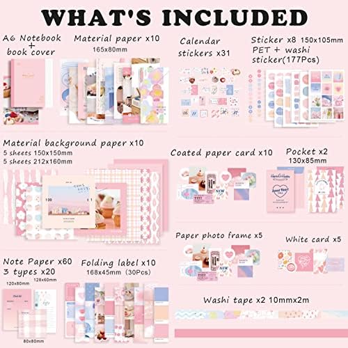 Draupnir Pink Cute Kawaii Aesthetic Scrapbook Kit(348pcs), Bullet Junk Journal Kit with Journaling/Scrapbooking Supplies, Stationery,A6 Grid Notebook with Graph Ruled Pages DIY Gift for Teen Girl - Image 2