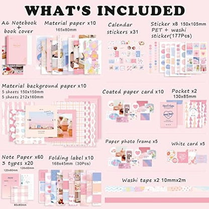 Draupnir Pink Cute Kawaii Aesthetic Scrapbook Kit(348pcs), Bullet Junk Journal Kit with Journaling/Scrapbooking Supplies, Stationery,A6 Grid Notebook with Graph Ruled Pages DIY Gift for Teen Girl - Image 2