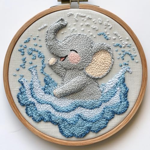 Punch Needle kit for Beginners, Punch Stitching kit for Adults, Needle Punch Kits for Adults – Baby Elephant Playing in Water DIY Embroidery Set by Unknown