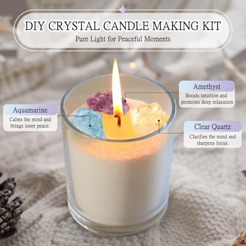 BRELANO Crystal Candle Making Kit – No-Melt Candle Sand, 18 oz Pearled Wax, 30 Cotton Wicks, 3 Natural Crystals & Refillable Glass Jar – DIY Candle Gift Set for Women & Home Decor - Image 4