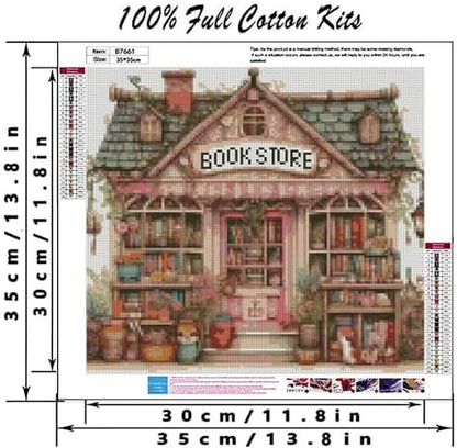 MYBISYMQQ Book Store Cross Stitch Kits for Adults,11CT Stamped Cross Stitch Kits for Beginner,DIY Needlepoint Embroidery Patterns Kits Embroidery Patterns for Home Wall Decor 13.7x13.7 inches - Image 2