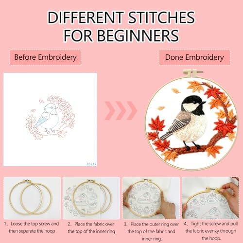 Zhenqing Black-Capped Chickadee Embroidery Kit for Beginners, Autumn Bird Needlework Craft with Pre-Printed Cotton Fabric, Hoop, Threads & Tools, Fall Decor (C0212) - Image 3