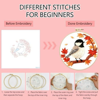Zhenqing Black-Capped Chickadee Embroidery Kit for Beginners, Autumn Bird Needlework Craft with Pre-Printed Cotton Fabric, Hoop, Threads & Tools, Fall Decor (C0212) - Image 3