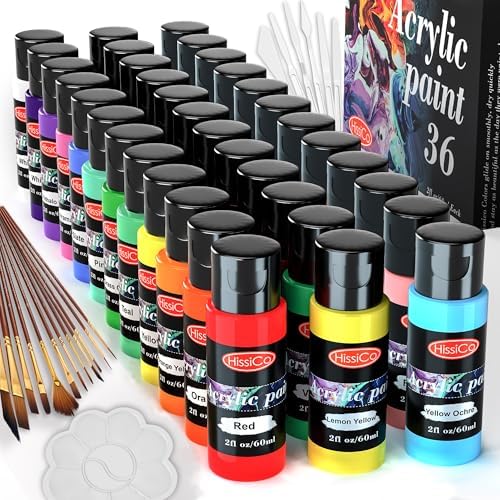 55PCS Acrylic Paint Set of 36 Colors 2fl oz 60ml Bottles 12 Brushes,Non Toxic 36 Colors Acrylic Paint No Fading Rich Pigment for Kids Adults Artists Canvas Crafts Wood Painting by HissiCo