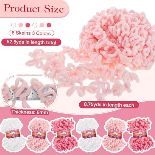 Threlaco 6 Skeins Loops Yarn Bulk Finger Loop Yarn,White, Pink, Carmine - Image 2