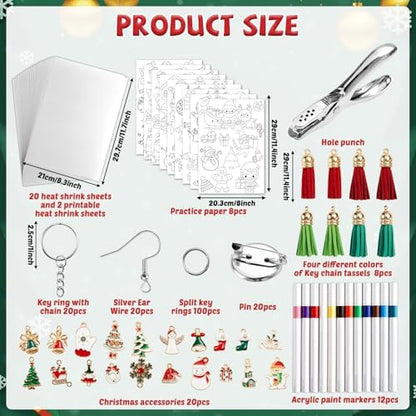 231Pcs Christmas Heat Shrink Plastic Sheet Kit Includes Shrinking Film Art Paper, Hole Punch, Keychains, Ear Hooks, Jump Rings, Tassels, DIY Heat Shrink Art Kit for Adults Creative Craft Marking - Image 2