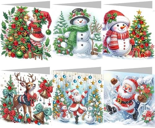 jinglinhh 6pcs Diamond Art Painting Christmas Tree Elf Snowman Elk Santa Greeting Cards with Envelopes, DIY Card Making Kits for Adults, Diamond Art Postcards Holiday Cards Craft Gifts by Unknown