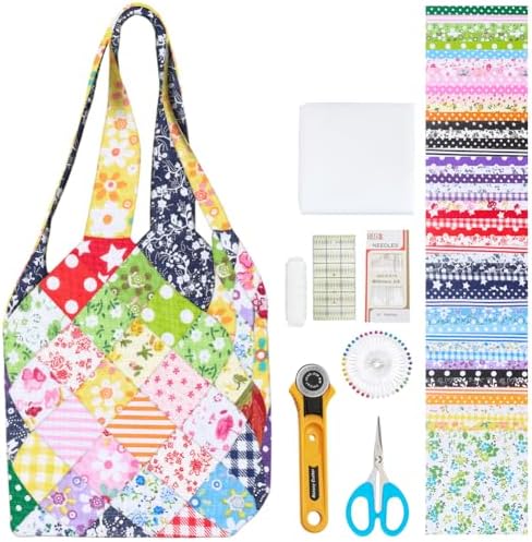 WEBEEDY DIY Small Bag Quilted Kit Square Pattern Handbag Quilted Starter Kit for Beginners Adults Handmade Small Bag Making Set with 50 Mixed Colours Fabrics Instructions and Complete Quilting Tools by WEBEEDY