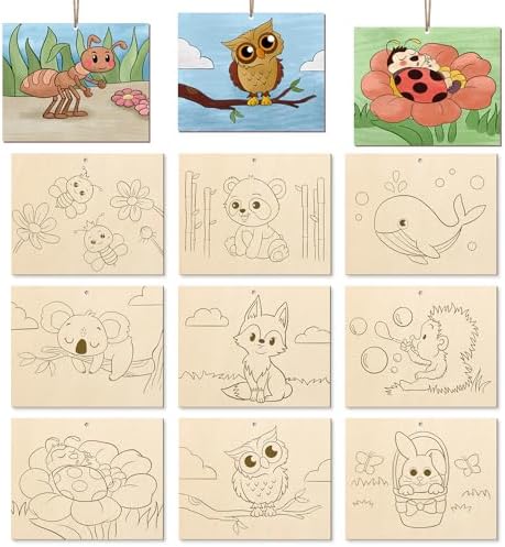 COCHIE 10 Pieces Large Cute Animals Unfinished Wood Crafts to Paint for Adults, Bulk Predrilled Wooden Ornaments for Painting, Animal Paintable Wood Slices Craft Supplies with Ropes by COCHIE