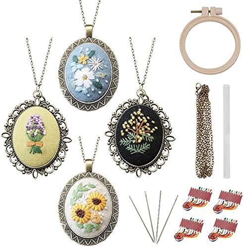ZOCONE 4 Packs Embroidery Necklace Kits, Embroidery Pendant Kit Mini Cross Stitch Kit with Hoop, Necklace, Pendant, Stamped Pattern Cloth, Instructions, etc., Embroidery Kits for Adults by ZOCONE