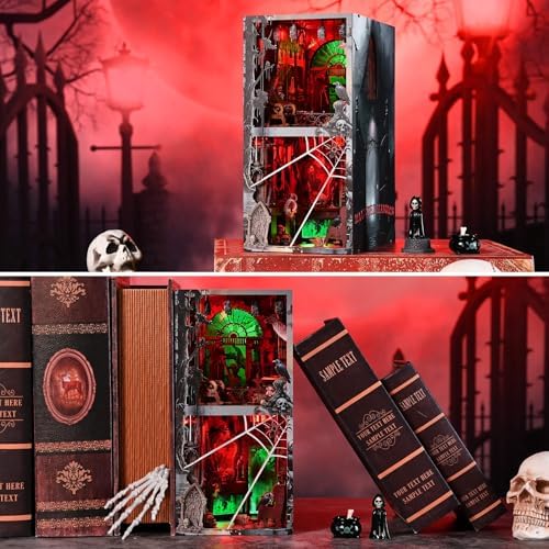 fifijoy Haunted Horror Book Nook Kit, DIY Miniature Dollhouse Halloween Booknook Kit, Spooky Creepy Scary 3D Wooden Puzzle Bookend Bookshelf Insert Decor with LED Light (Haunted Mansion) - Image 2