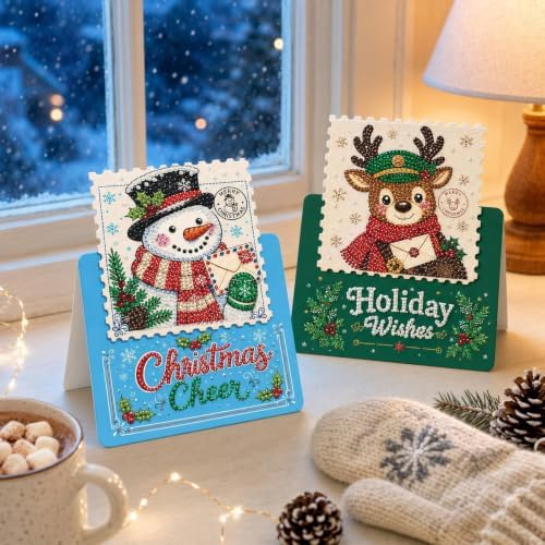 DIY Christmas Diamond Art Painting Cards Set Crafts Decor 6-Piece Vintage Stamp Style Folding Holiday Blessing Cards with Envelopes and Tool Kit for Adults-Christmas - Image 3