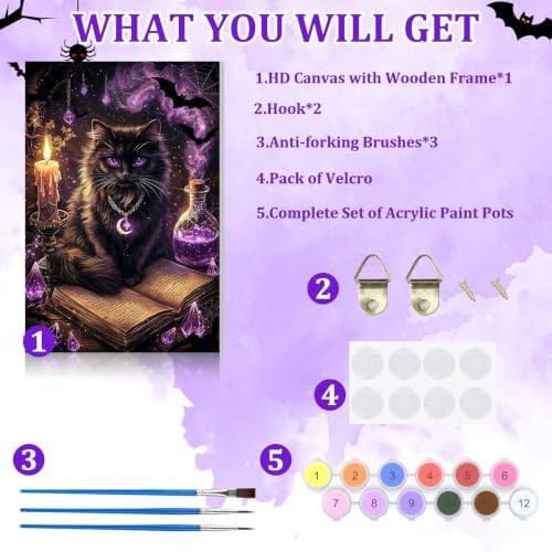 NAIMOER Halloween Paint by Numbers Kits for Adults Beginner with Wooden Framed, Black Cat Magical Color by Numbers on Canvas Painting Kits for Adults, Easy Paint DIY Acrylic for Home Decor 8X12 Inch - Image 5