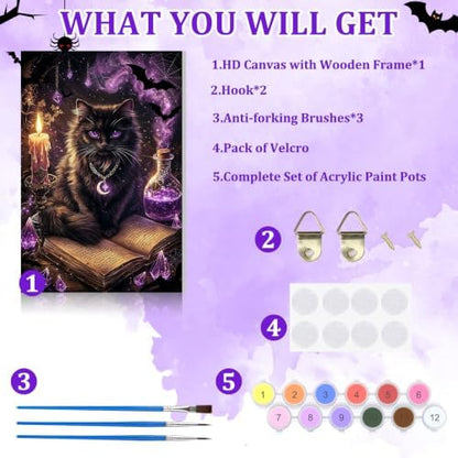 NAIMOER Halloween Paint by Numbers Kits for Adults Beginner with Wooden Framed, Black Cat Magical Color by Numbers on Canvas Painting Kits for Adults, Easy Paint DIY Acrylic for Home Decor 8X12 Inch - Image 5
