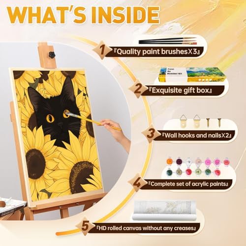 Qaisxoty Paint by Numbers Kit for Adults, Easy Cat Paint by Numbers with Rolled Canvas, Acrylic Paint, Brushes, Box, DIY Beginner Painting by Number Kit for Home Decor Gift - 12” x 16” - Image 7