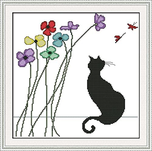 Awesocrafts Cross Stitch Kits, Black Cat and Flowers Easy Patterns Cross Stitching Embroidery Kit Supplies, Stamped or Counted (Cat, Stamped) by Awesocrafts