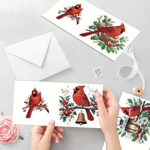 6pcs Christmas Diamond Painting Greeting Card with envelopes, DIY Red Bird Northern Cardinal Diamond Art Greeting Card for Blessing and Wish Special Shaped Arts Crafts for Birthday Thanksgiving Day - Image 7