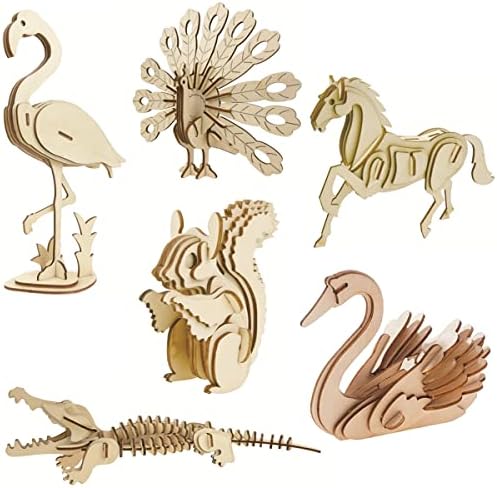 3D Wooden Wild Animal Puzzle - 6 Piece Set Wood Wild Animals Skeleton Assembly Model Kits - Wooden Crafts DIY Brain Teaser Puzzle - STEM 3D Puzzle Gifts for Adults & Teens by i-CHONY