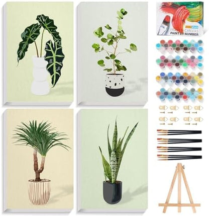 4 Pack Framed Paint by Numbers Kit for Adults Green Plant with Wooden Easel by Fountor