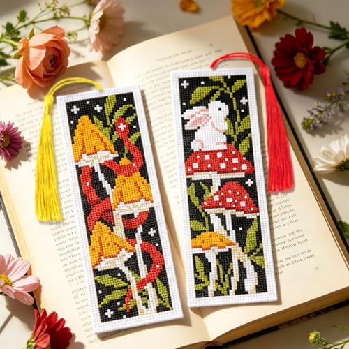 ACRNIGHEET 6PCS Cross Stitch Bookmark Kit for Beginner Stamped Cross Stitch Kits for Adults Mushroom DIY Tassel Embroidery Bookmark Kits Needlepoint Kit with Instructions Craft Gift 8.5''x3'' 11CT - Image 5