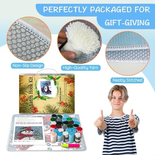 ZFFLYH Christmas Snowman Latch Hook Rug Kits, DIY Rug Crochet Yarn Kits Printed Color Canvas Christmas Decoration and Activity 20.5X15 Inch - Image 2