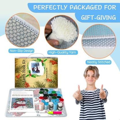 ZFFLYH Christmas Snowman Latch Hook Rug Kits, DIY Rug Crochet Yarn Kits Printed Color Canvas Christmas Decoration and Activity 20.5X15 Inch - Image 2