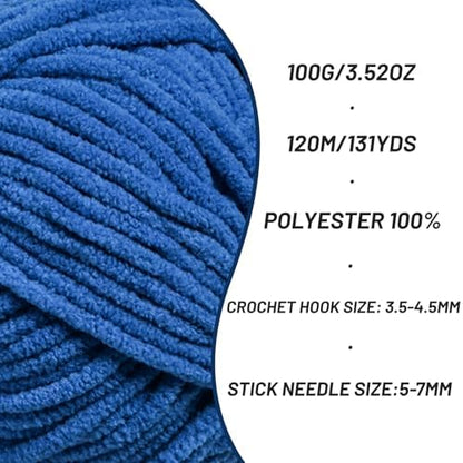 Plush Chenille Chunky Crochet Yarn - Baby Yarn for Crocheting Soft - Velvet Yarns Knitting for Blankets Crafts - Fluffy Amigurumi Yarns 100g / 131yd (Blue) - Image 2