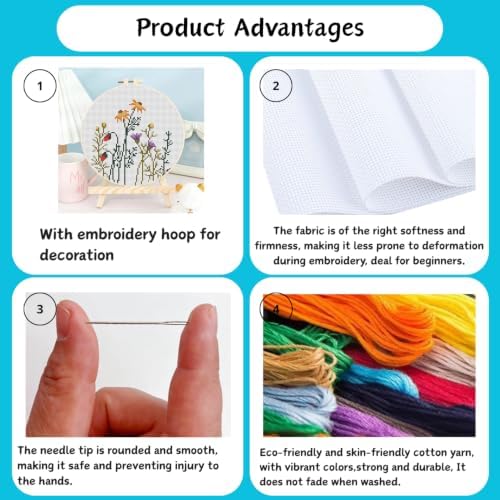 3 Pack Stamped Cross Stitch Kits for Beginners-Wild Flowers,with Hoop - Image 4