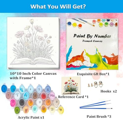 Artunion Framed Paint by Numbers Kit for Adults Beginners & Kids Ages 8-12,Books Easy Paint by Number with Frame,Flower Paint by Numbers Kit on Canvas 10 * 10 Inch Without Easel - Image 4