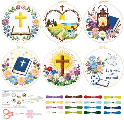 BEUNITONE 6PCS Bible Cross Pattern Embroidery Starter Kit, Hand Embroidery Kits for Adults Beginners Include Hoop Needles Threads and Instruction, Funny Needlepoint Craft Kits for Gifts and Home Decor by BEUNITONE