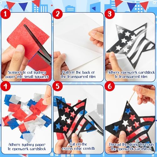 CJiangpo 24 Sets Independence Day Suncatcher Paper Craft Kits, DIY Stained Glass Effect Window Ornament Tissue Paper Art Craft for Classroom Activities 4th of July Patriotic Decors Party Supplies - Image 3