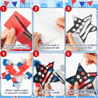CJiangpo 24 Sets Independence Day Suncatcher Paper Craft Kits, DIY Stained Glass Effect Window Ornament Tissue Paper Art Craft for Classroom Activities 4th of July Patriotic Decors Party Supplies - Image 3