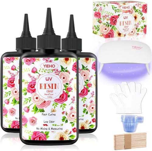 YIEHO 300g UV Resin Kit with Light-Upgraded Crystal Clear Hard UV Curing Premixed Epoxy Resin Starter Supplies for Art Craft Beginner Jewelry Making with Lamp by YIEHO