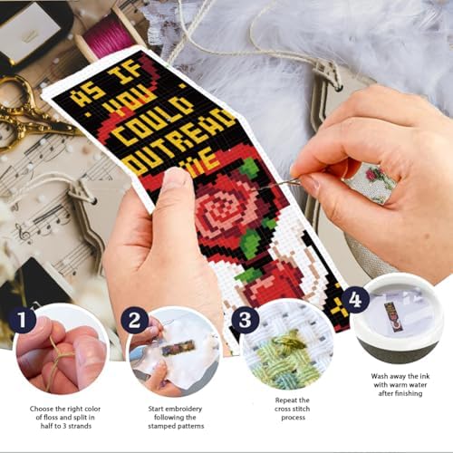 INFUNLY 6 Pack Cross Stitch Bookmark Kits Gothic Wolf Fruit Chess Pattern Embroidery Book Mark with Tassel DIY Counted Cross Stitch Supplies with Threads Needles Scissors for Book Lovers - Image 4