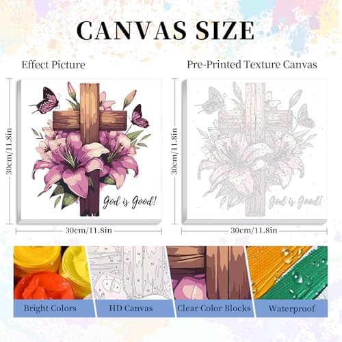 Camocin Framed Paint by Numbers Kit for Adults Beginner - Religious Cross and Lily Paint by Number Canvas with Frame, Faith DIY Acrylic Painting Kit for Christian Home Wall Decor 12x12 Inch - Image 3