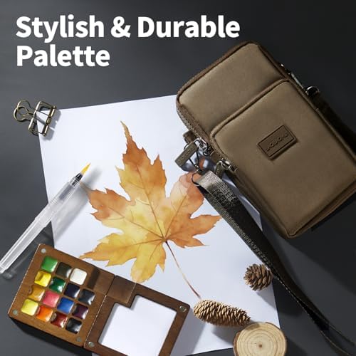 Mini Watercolor Paint Set, Travel Painting Kit with Walnut Wood Palette 15-Color, Crossbody Bag, Watercolor Journal, Metal Clip, Water Cup, Water Brush, for Artists, Beginners & Adults, Brown - Image 5