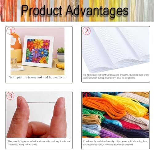 Colorful Daisies Stamped Cross Stitch Kits for Adults Beginners with Frame - Image 4