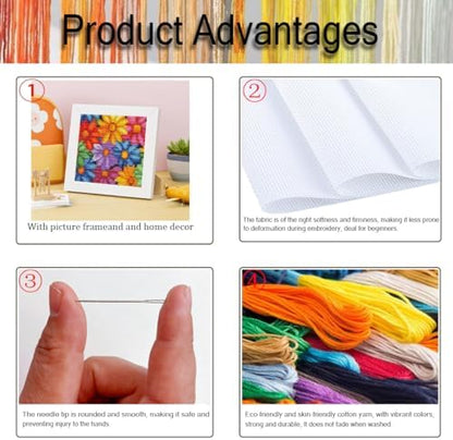 Colorful Daisies Stamped Cross Stitch Kits for Adults Beginners with Frame - Image 4