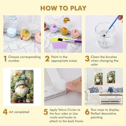 Bowetile Framed Paint by Numbers Gnome Kit for Adults, Adults' Paint-by-Number Kits on Canvas, Painting by Numbers Succulents, DIY Acrylic Number Painting for Home Wall Decor, 8x12in - Image 5