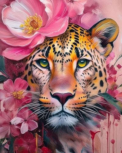 AuraDraw Cheetah Paint by Numbers - Leopard Paint by Number Kit for Adults Beginners, DIY Pink Painting Art Craft on Canvas for Home Decor 16x20 Inch by AuraDraw