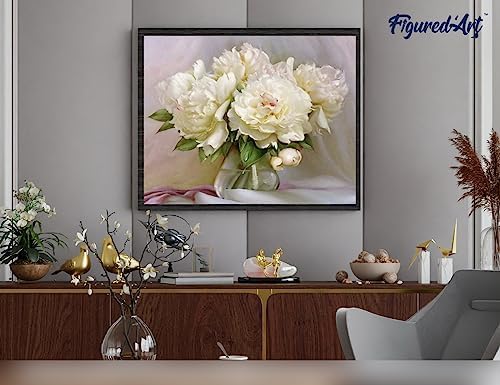 Figured'Art Paint by Numbers for Adults with Frame White Peonies 16"x20" - Craft Art Painting DIY Kit Canvas Already Stretched on a Wooden Frame - Image 4
