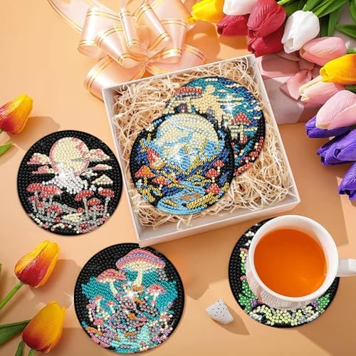 EWJRNSF 10 PCS Diamond Art Coasters Kit, Small Diamond Painting Coasters, Fall Diamond Art Kits for Adults Beginners, Arts and Crafts Supplies Item Sets with Holder Mushroom - Image 7