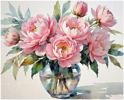 Peony Bloom Paint by Numbers Kit for Adults - DIY Pink Flowers in Glass Vase and Petals Falling Painting on Canvas 16x20 Inches, Acrylic Paint Set for Beginners, Art for Home Decoration Gift by Unknown