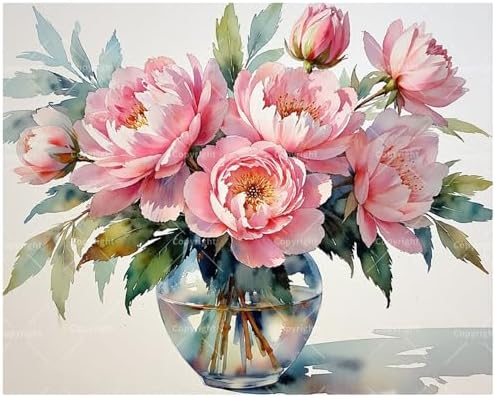 Peony Bloom Paint by Numbers Kit for Adults - DIY Pink Flowers in Glass Vase and Petals Falling Painting on Canvas 16x20In, Framed Acrylic Paint Set for Beginners, Art for Home Decoration Gift by Unknown
