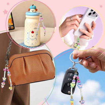 NCIWAN Y2K Beaded Keychain Making Kit for Girls, Kawaii Acrylic Bag Charm & Phone Lanyard Supplies, DIY Craft Jewelry Making Kit with Letter, Bear, Bow, Butterfly Beads for Kids Teens Women - Image 5