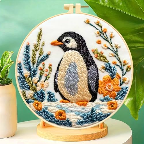 Zhenqing Penguin Embroidery Kit for Beginners, Cute Penguin Needlework Craft with Pre-Printed Cotton Fabric, Hoop, Threads & Tools, Animal Decor (C0070) - Image 2