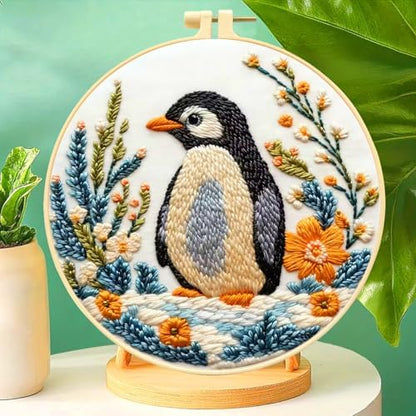 Zhenqing Penguin Embroidery Kit for Beginners, Cute Penguin Needlework Craft with Pre-Printed Cotton Fabric, Hoop, Threads & Tools, Animal Decor (C0070) - Image 2