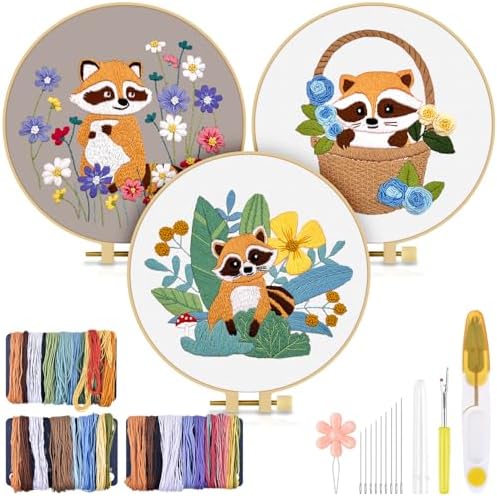 TINDTOP 3 Pack Embroidery Kit for Adult Beginners, Embroidery DIY Starter Kit, with Raccoon Stamped Patterns, Hoop, Tools, Colorful Threads with Needles, Instructions by TINDTOP