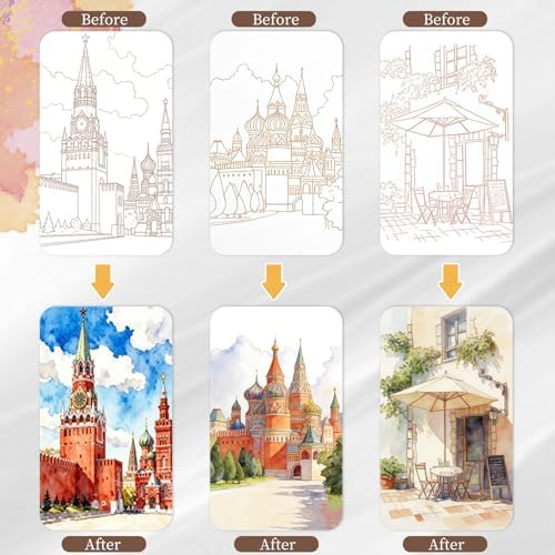 NaTuGi 3Pac Watercolor Workbook for Adults,Watercolor Coloring Book,Portable Watercolor Painting Books,Creative Stress Relief Kit,Suitable for Beginners Birthday Gift (Architecture Series 3pc-B) - Image 3